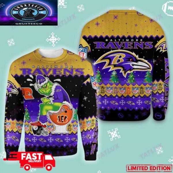 Baltimore Ravens Grinch Toilet 3D NFL Fan Gift 2025 Ugly Christmas Sweater