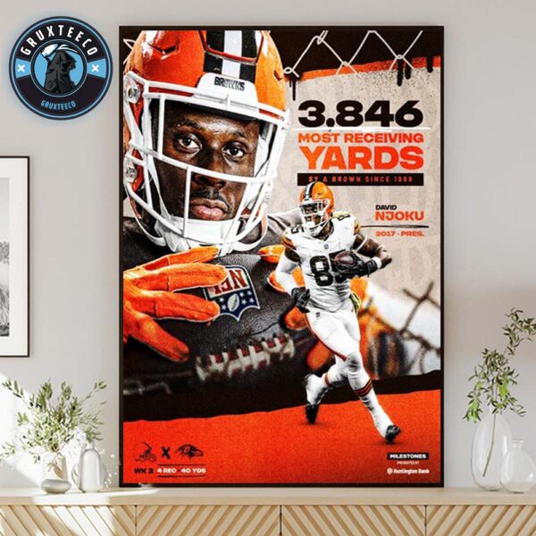 David Njoku Of Cleveland Browns With 3.846 Most Receiving Yards For NFL Regular Season Week 2 At M&T Bank Stadium In Baltimore Maryland On Sptember 15 2025 Home Decor Poster Canvas