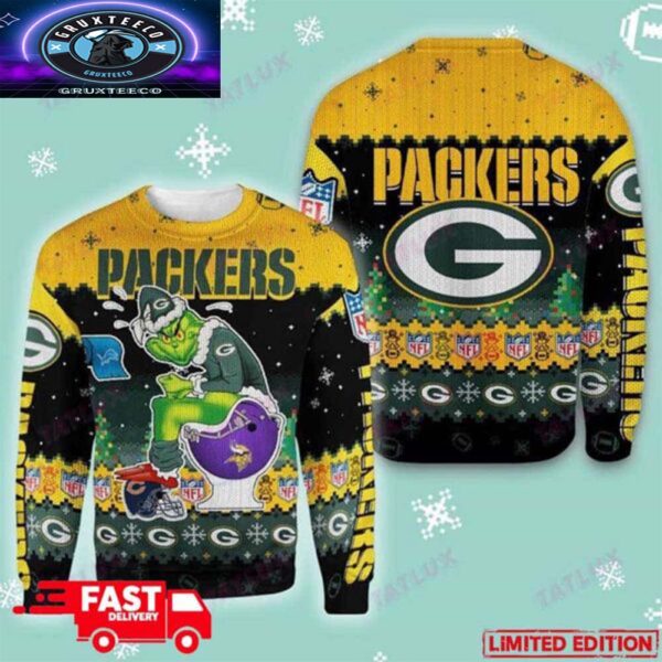 Green Bay Packers Grinch Toilet 3D Holiday 2025 Ugly Christmas Sweater