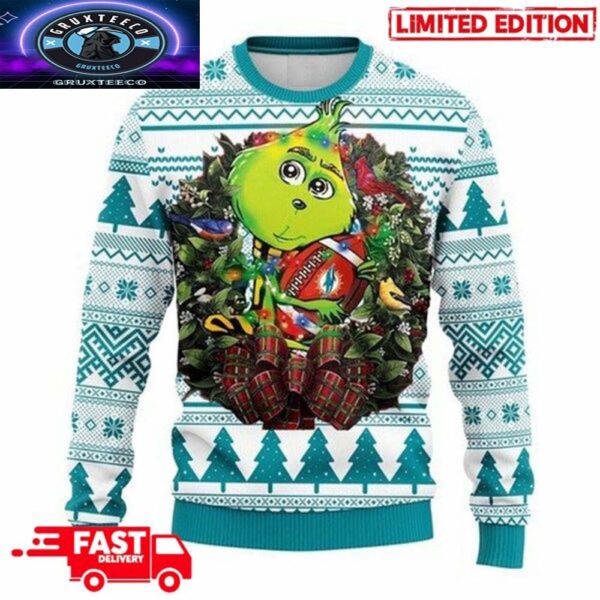 NFL Miami Dolphins Grinch Hug 3D For Holiday Xmas 2025 Ugly Sweater