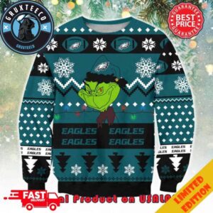 NFL Philadelphia Eagles x The Grinch Santa Hat Snowflakes Pattern Ugly Sweater
