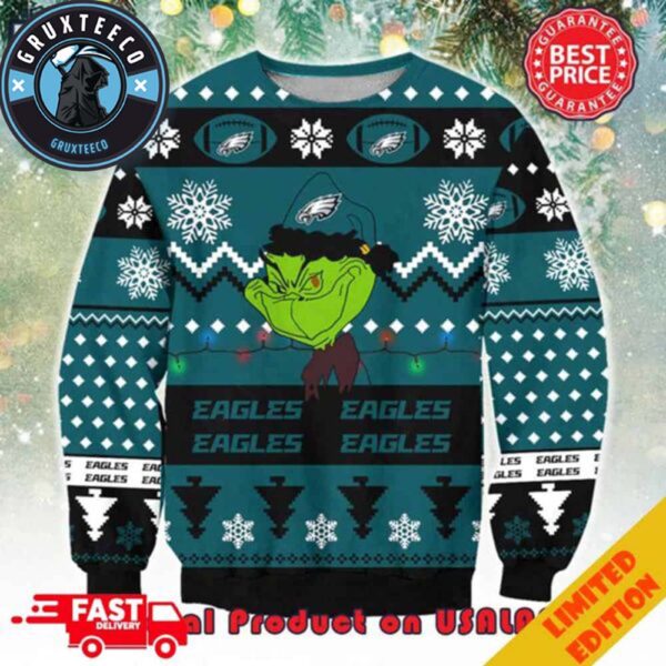 NFL Philadelphia Eagles x The Grinch Santa Hat Snowflakes Pattern Ugly Sweater
