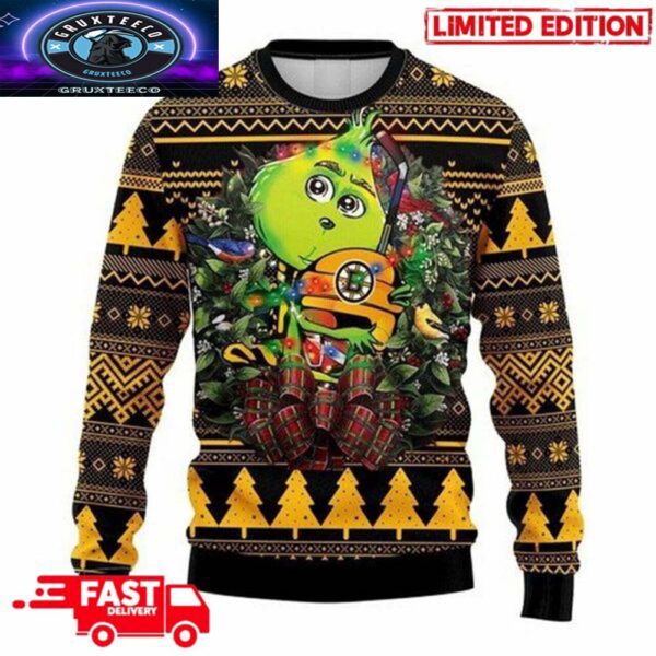 NHL Boston Bruins Grinch Hug 3D Christmas Gift For Holiday 2025 Ugly Sweater For Men And Women