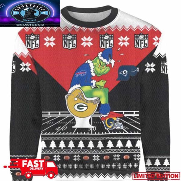 Personalized Grinch Buffalo Bills Sitting On Green Bay Packer Toilet Xmas 2025 Gift 3D Christmas Ugly Sweater