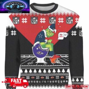 Personalized Grinch Dallas Cowboys Sitting On Baltimore Ravens Toilet Xmas 2025 Gift 3D Christmas Ugly Sweater