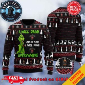 The Grinch I Will Drink Jim Beam Everywhere Christmas Snowflake Ugly Sweater For Men And Women